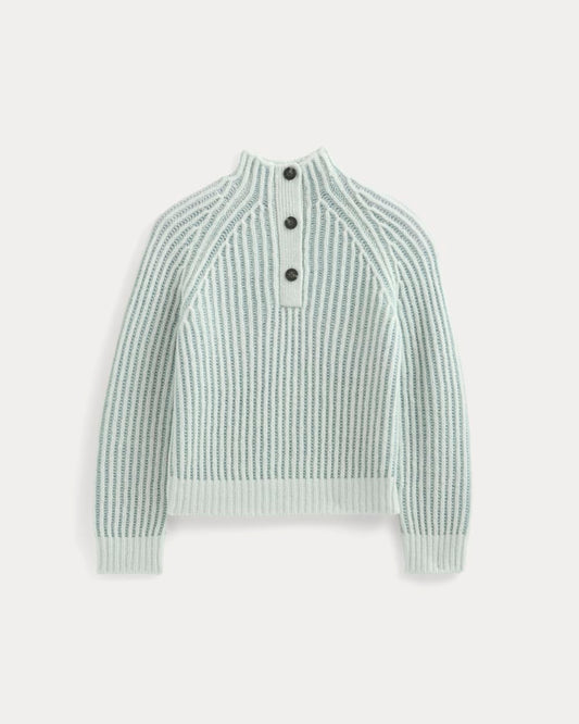 Funnel-Neck Ribbed Henley Sweater | Chalk Blue / Grey Mist Vertical Stripe