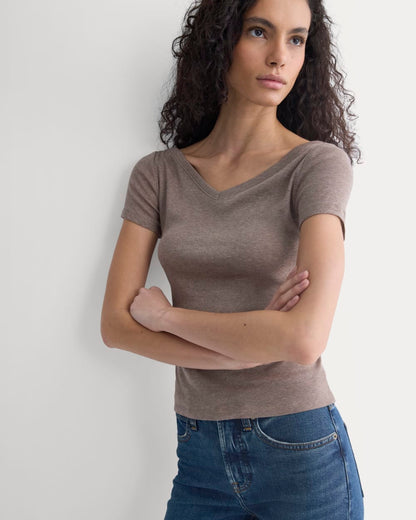 Tissue Short-Sleeve V-Neck Top | Heathered Chocolate Chip