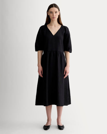 The Linen Oversized Puff-Sleeve Dress | Black