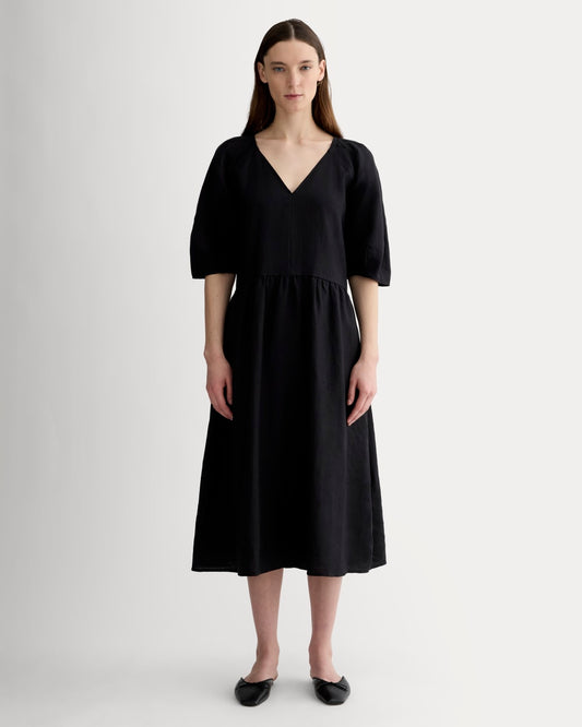 The Linen Oversized Puff-Sleeve Dress | Black