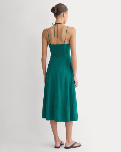 Tie-Neck Dress in Stretch Linen | Evergreen