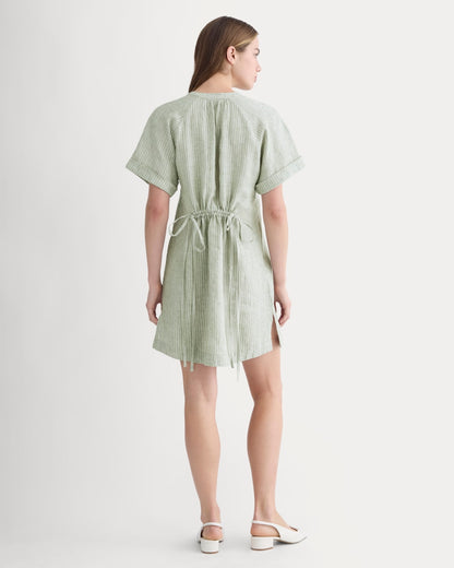 The Popover Dress in Linen | Oil Green / White