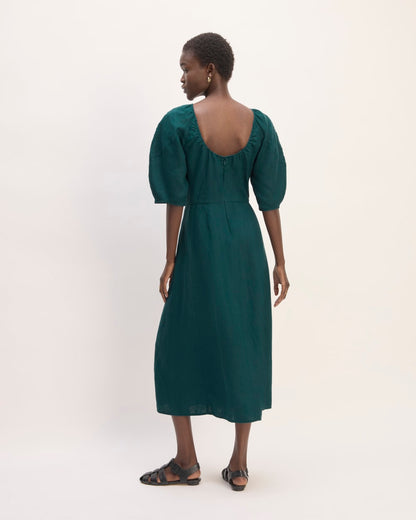 The Linen Short-Sleeve Scoop Midi Dress | Dark Sea