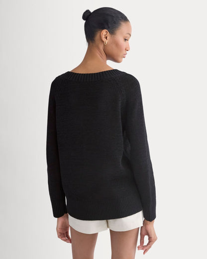 Wide-Neck Crew Sweater in Tape Yarn | Black