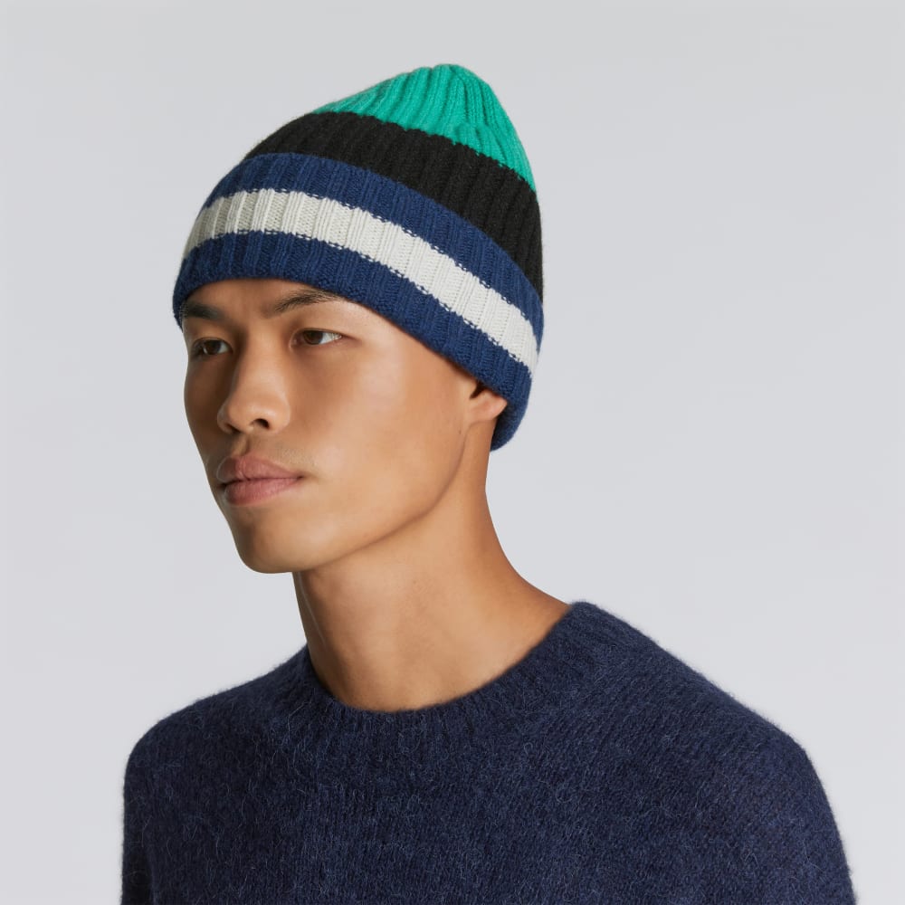 The Cashmere Beanie | Bright Navy Multi Stripe
