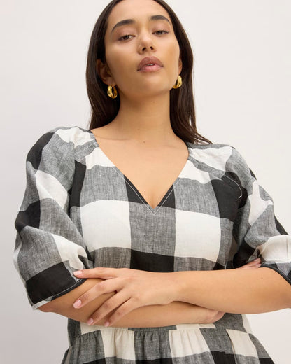 The Linen Oversized Puff-Sleeve Dress | Bone / Black Check