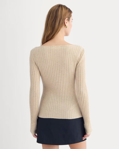 Cashmere Ribbed Boat-Neck Sweater | Heather Light Camel