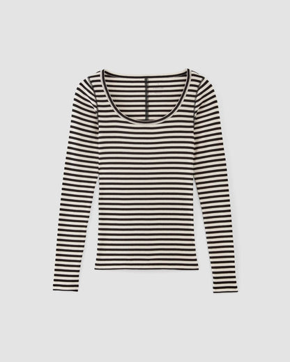 The Luxe Rib Long-Sleeve Scoop-Neck Tee | Bone / Black