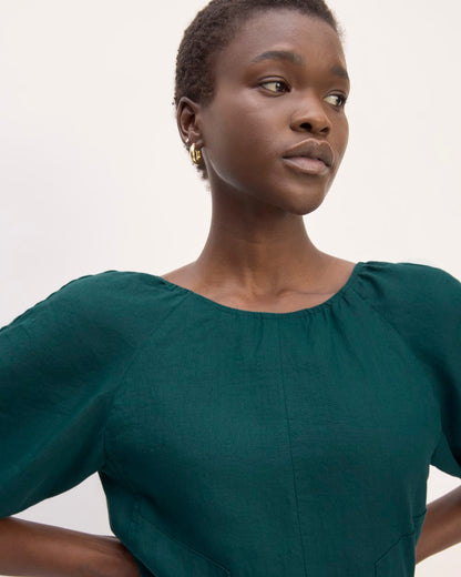 The Linen Short-Sleeve Scoop Midi Dress | Dark Sea
