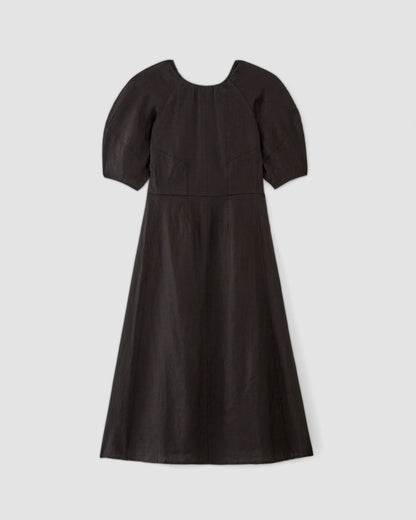 The Linen Short-Sleeve Scoop Midi Dress | Black