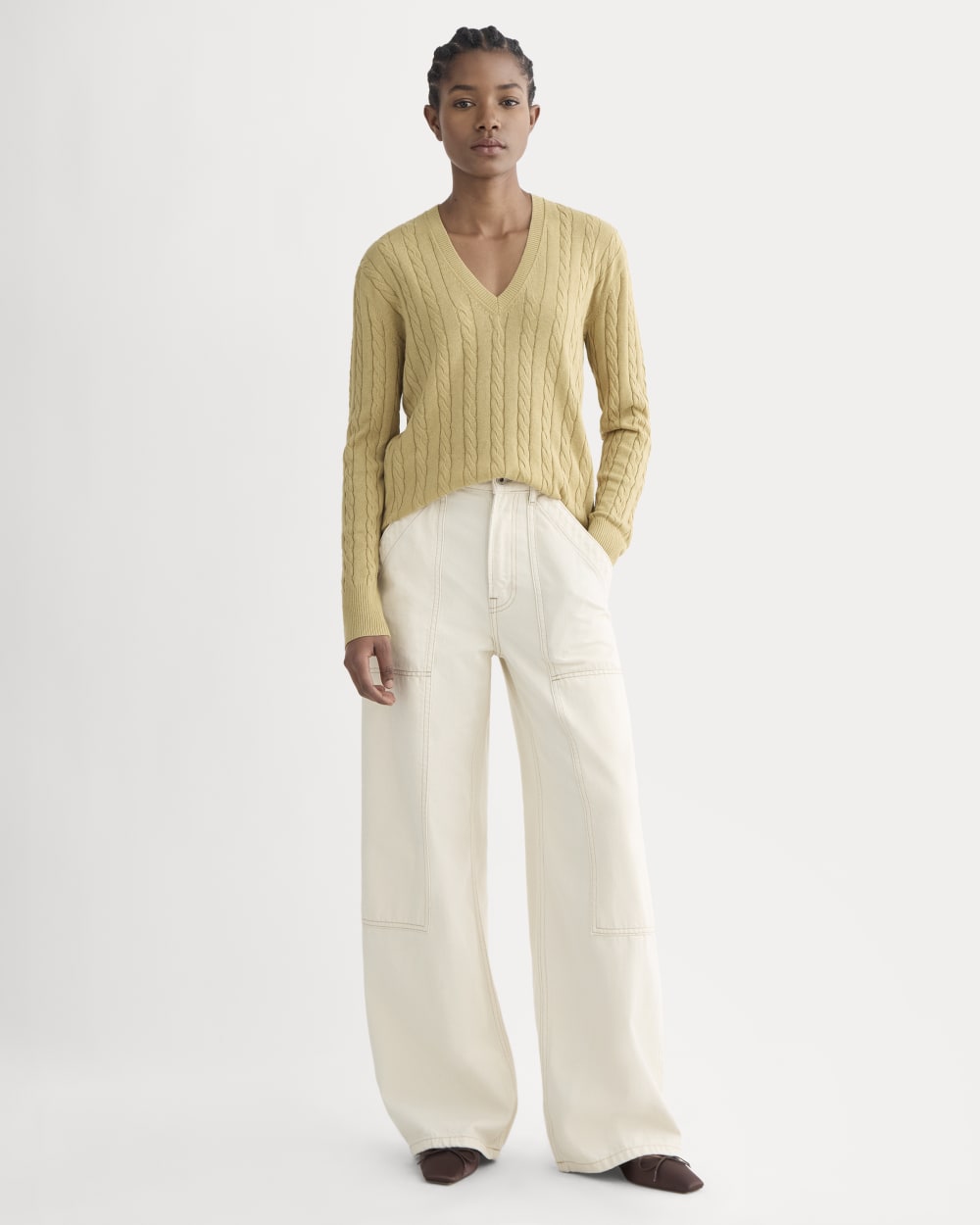The Cable V-Neck in Cotton Cashmere | Classic Khaki