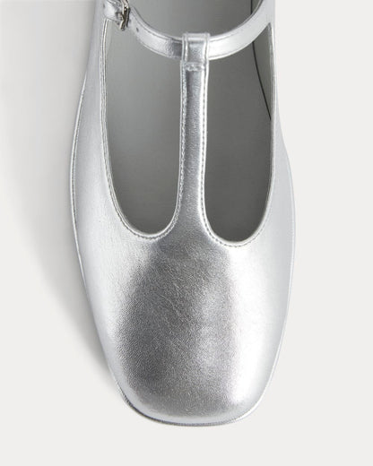 The Leather T-Strap Flat | Silver