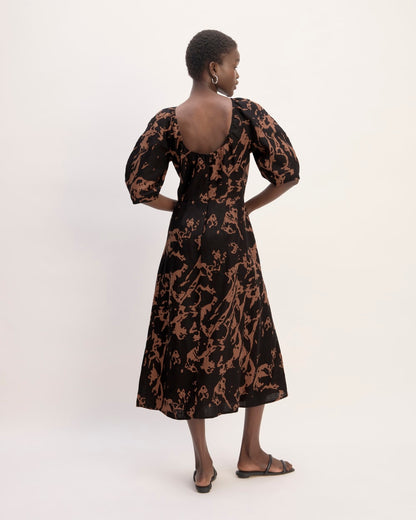 The Linen Short-Sleeve Scoop Midi Dress | Carob Brown Abstract