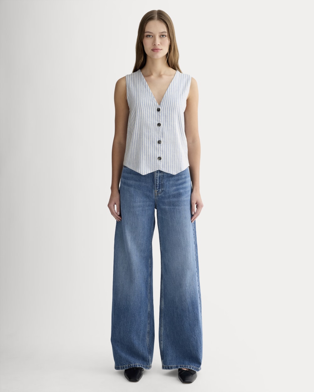 The Vest in Stretch Linen | Bluebell / Bone