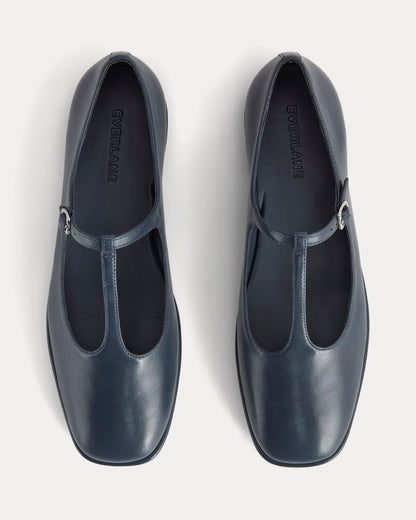 The Leather T-Strap Flat | Navy
