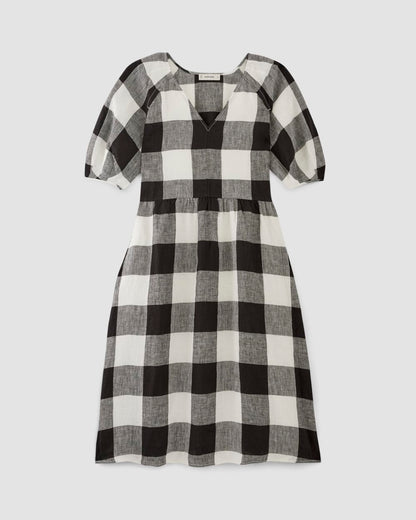 The Linen Oversized Puff-Sleeve Dress | Bone / Black Check