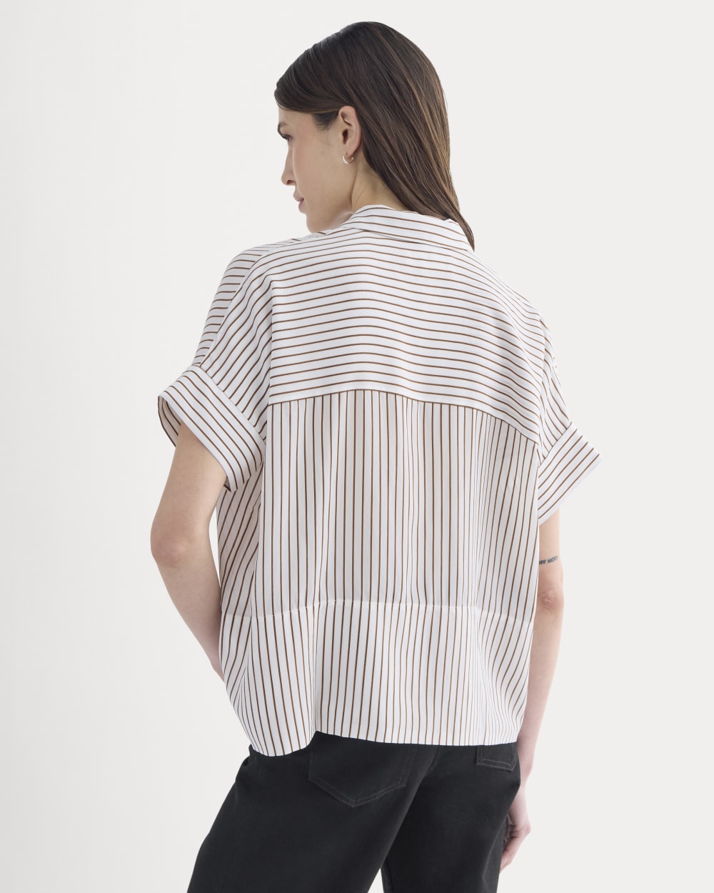 The Boxy Shirt in Washable Silk | Bone / Toffee Stripe
