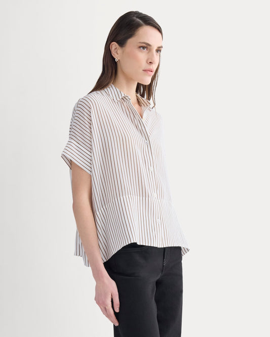 The Boxy Shirt in Washable Silk | Bone / Toffee Stripe